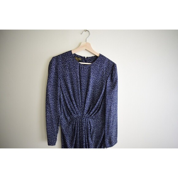 Vintage 80s does 40s Silk dress, polka dots gathered front No6, minimalist, Sz8 - Picture 2 of 7